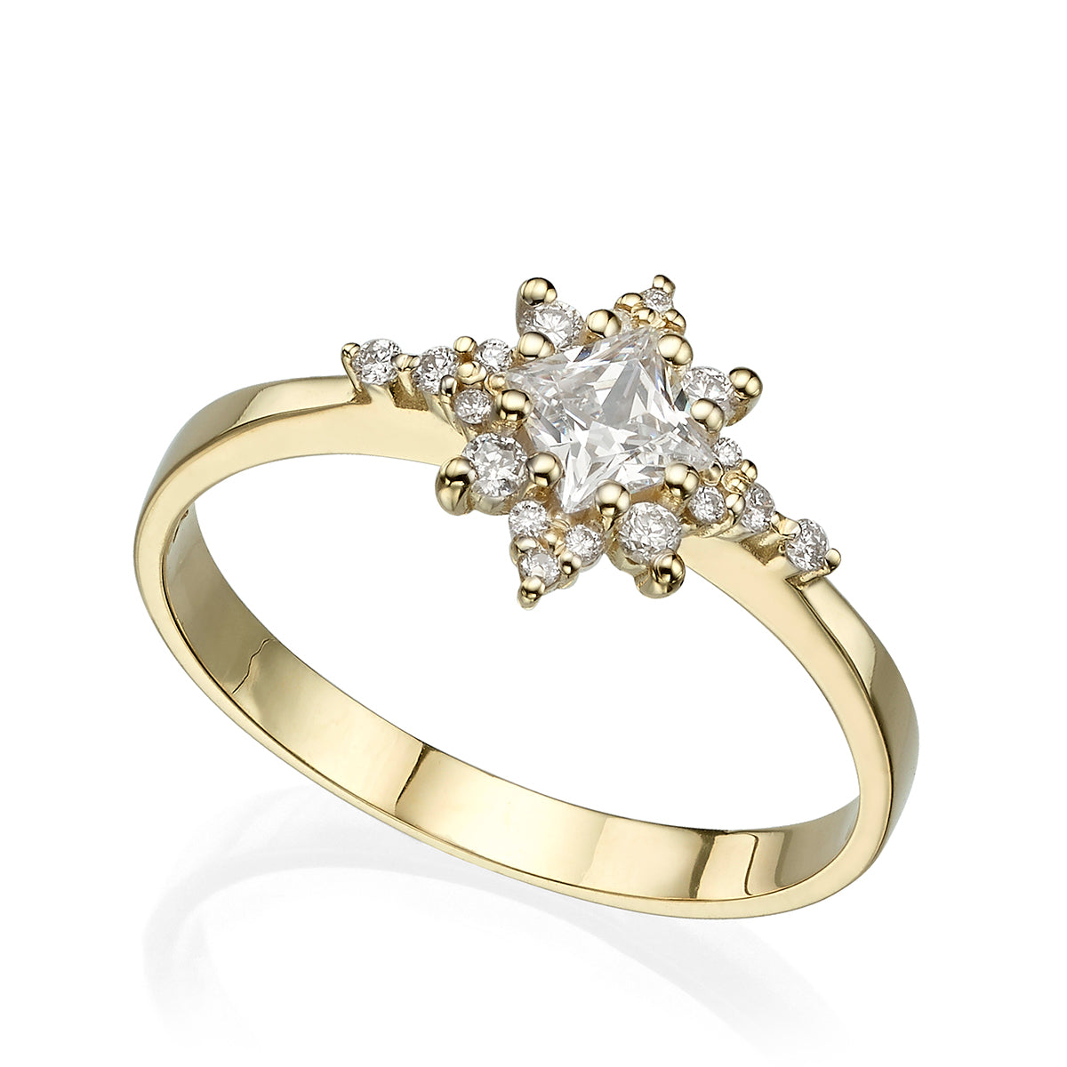 A diamond star ring with a central brilliant cut diamond