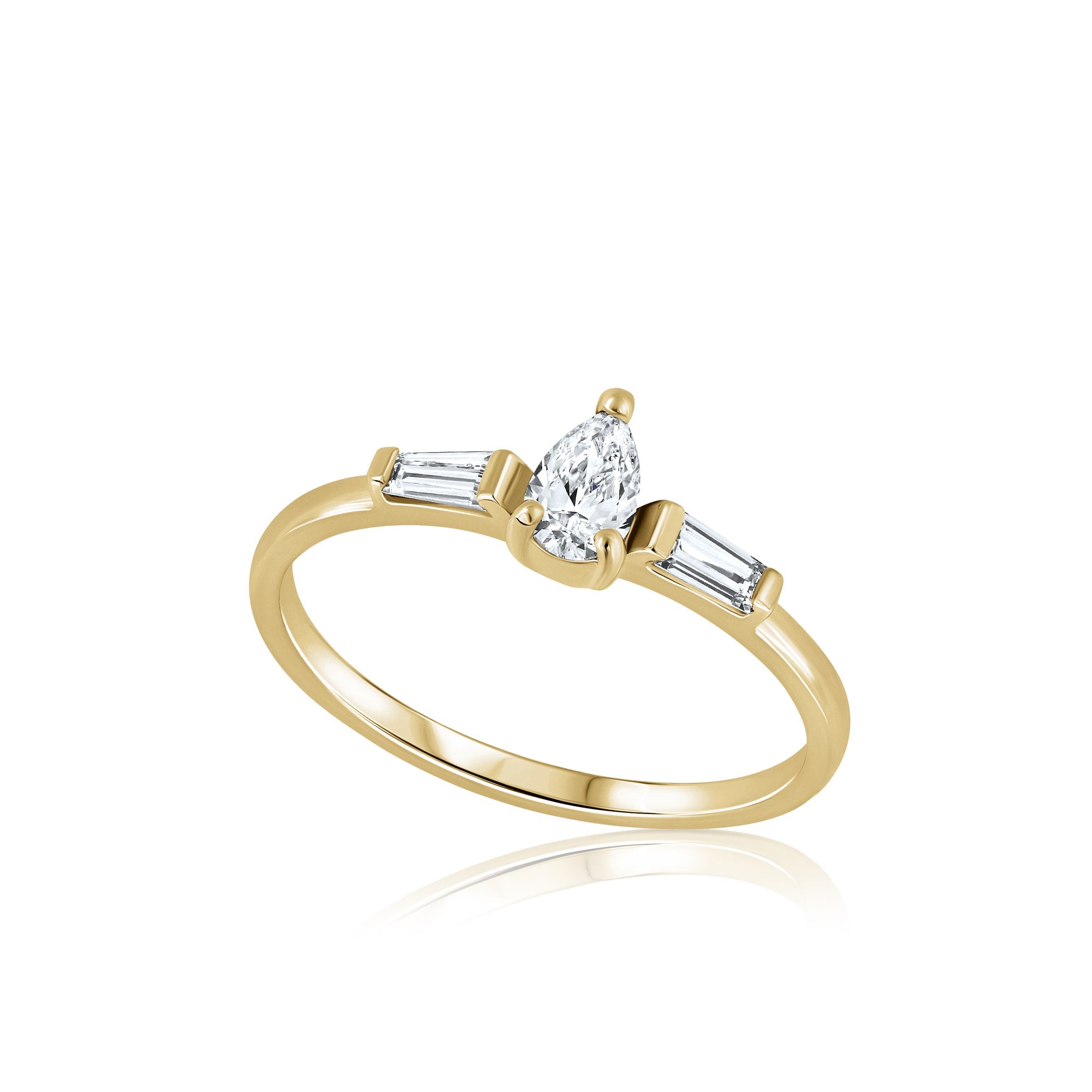 A geometric gold ring set with drop-cut natural diamonds and claws