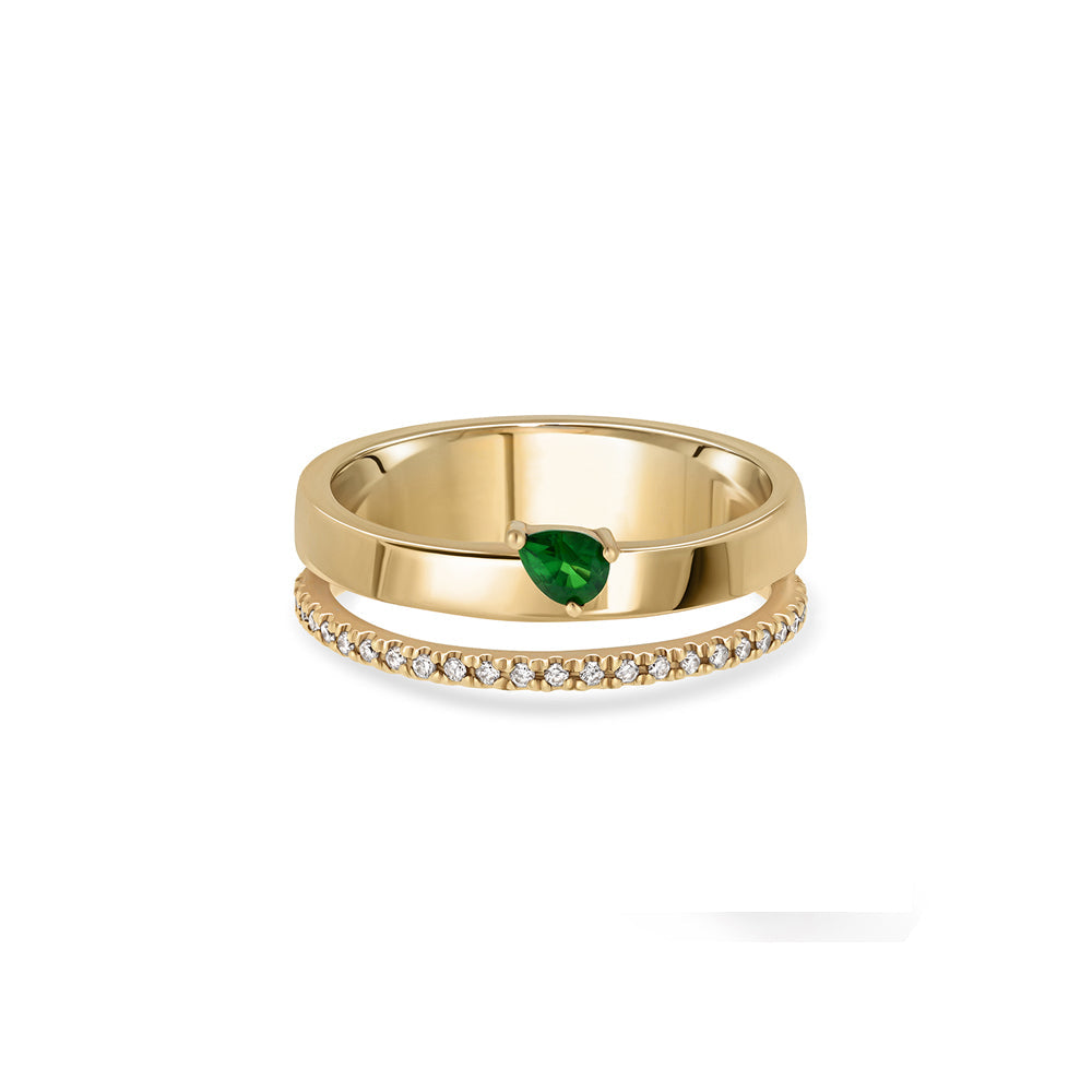 Double gold ring set with a row of diamonds and drop-cut green tourmaline
