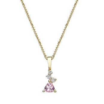 A gold necklace with a trillion-cut morganite inlaid pendant and small diamonds of varying sizes