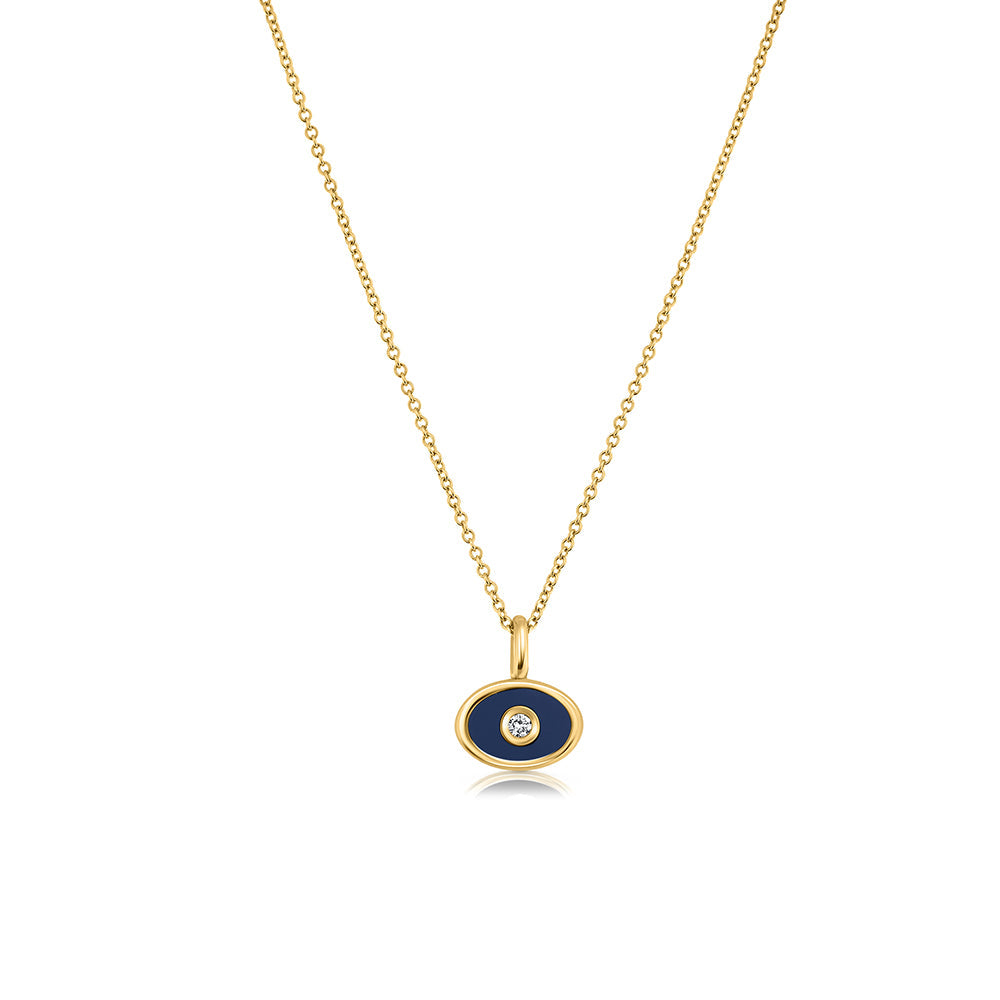 A gold chain in the style of the evil eye. Combined enamel and laboratory diamond in the center. Evil eye necklace for men and women