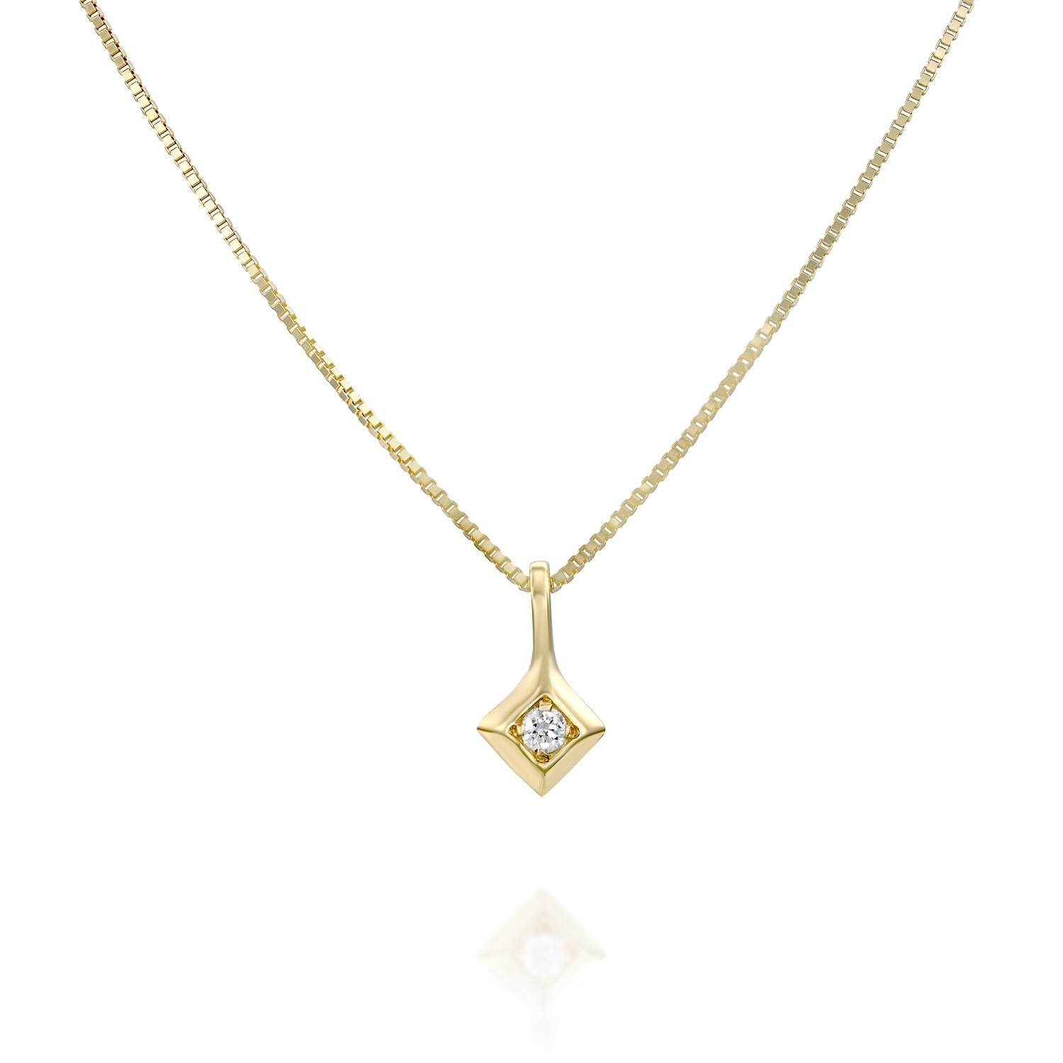 Fine gold necklace with a small square pendant and a 1.5 point diamond
