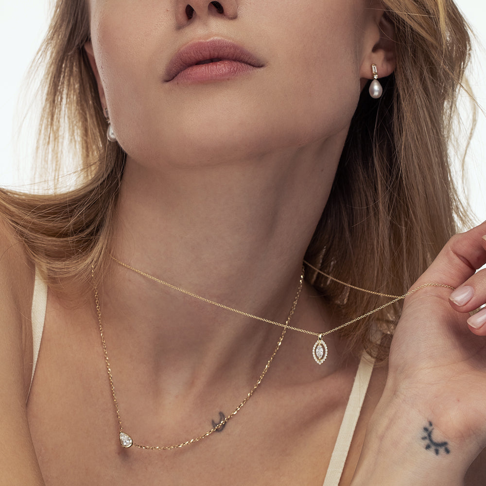 Vintage style marquise-cut lab diamond set gold necklace