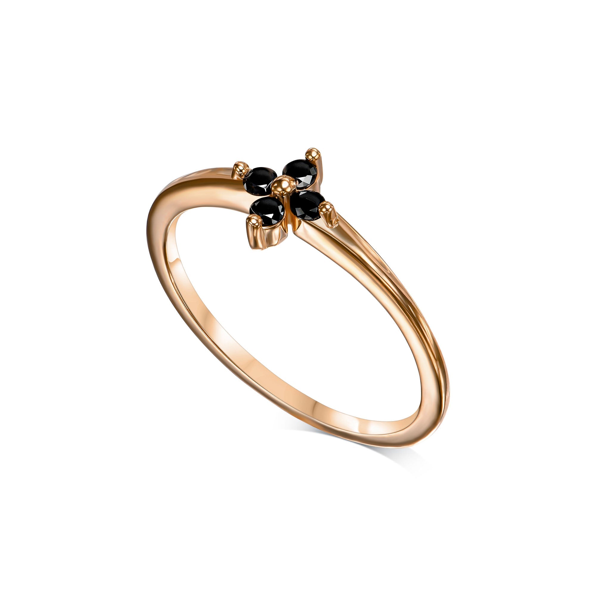 Delicate gold ring with black diamonds in the shape of a flower