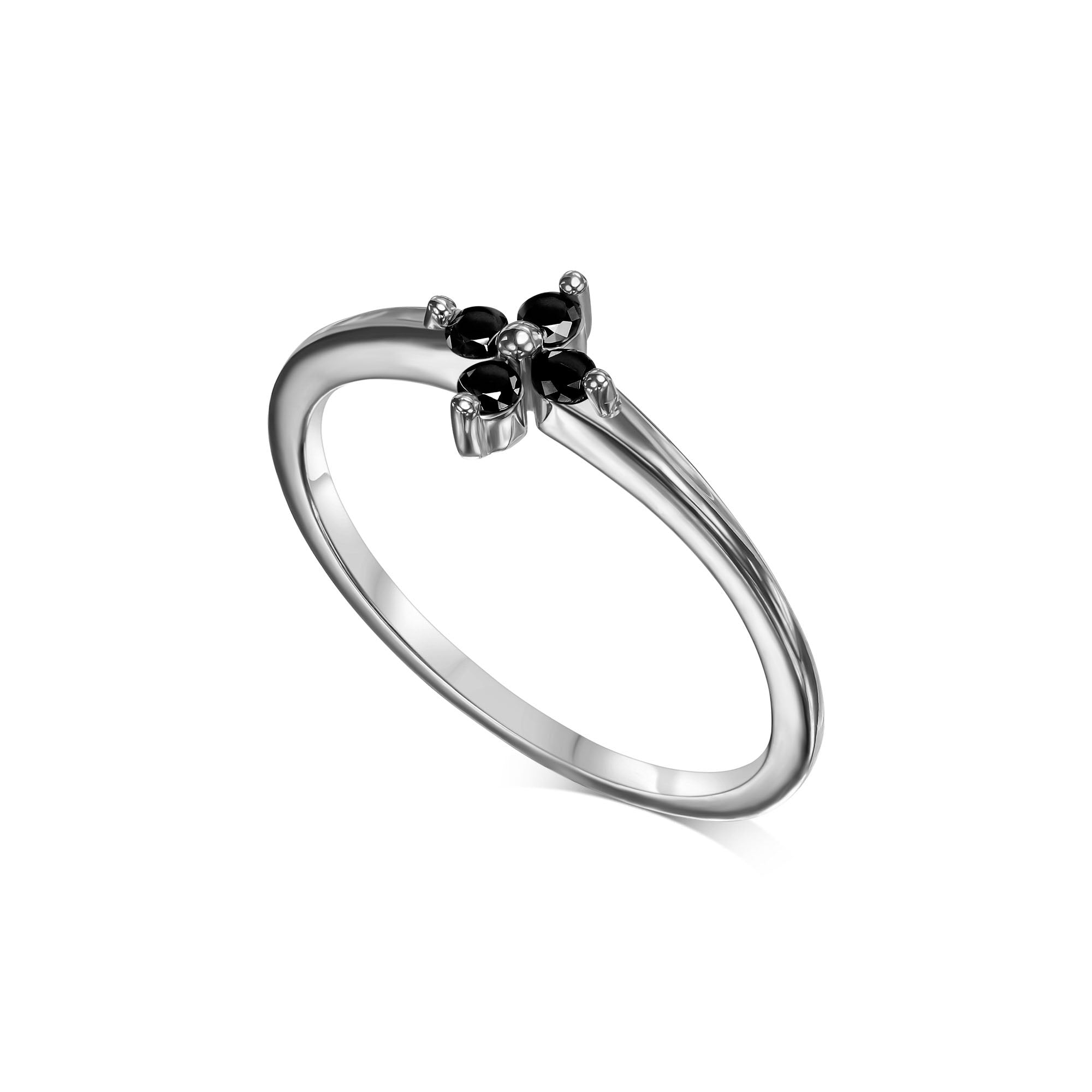Delicate gold ring with black diamonds in the shape of a flower