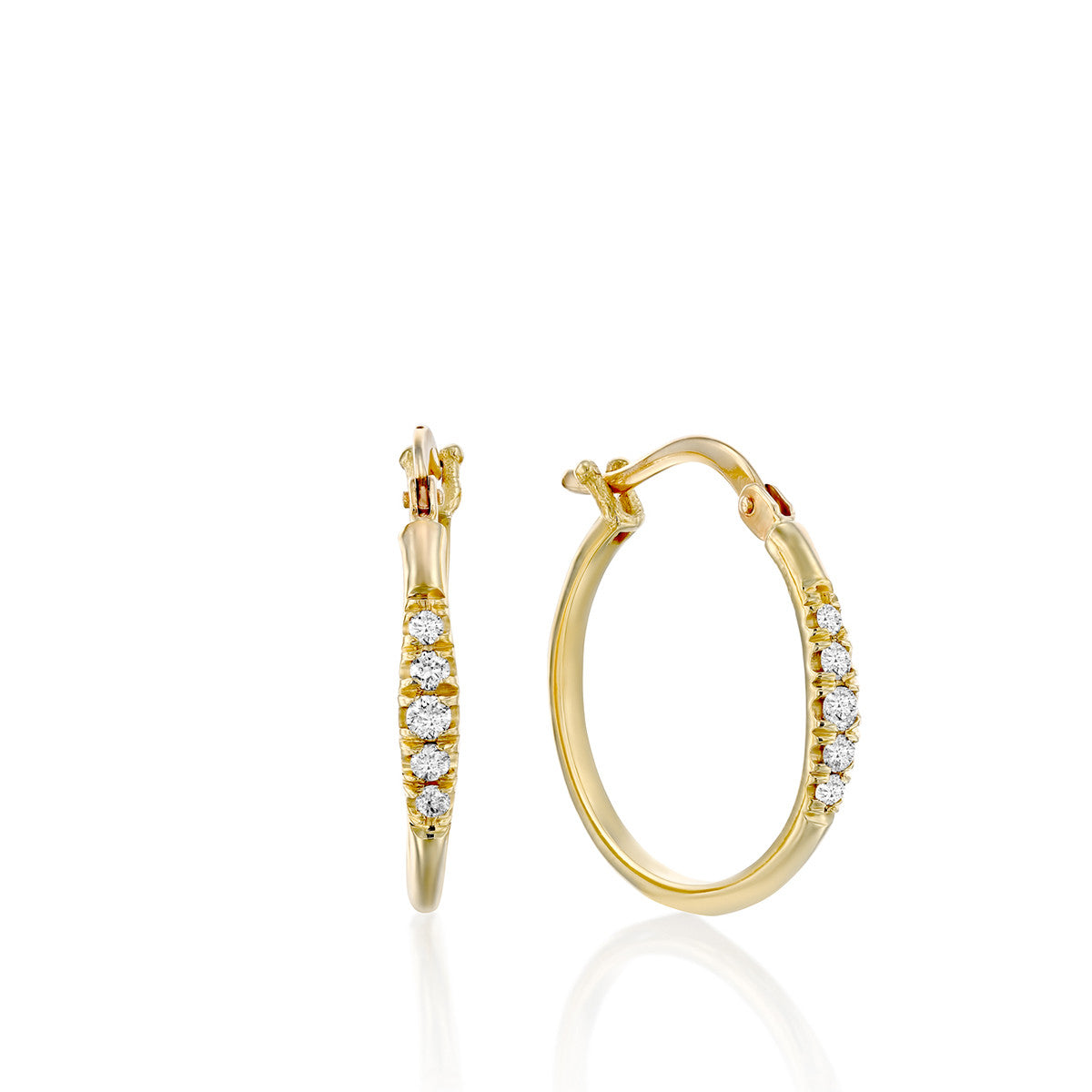 Delicate gold hoop earrings set with a row of 5 diamonds of different sizes