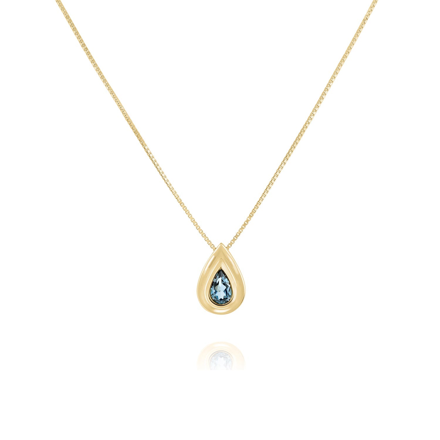 Gold necklace with drop-shaped gold pendant studded with London blue topaz