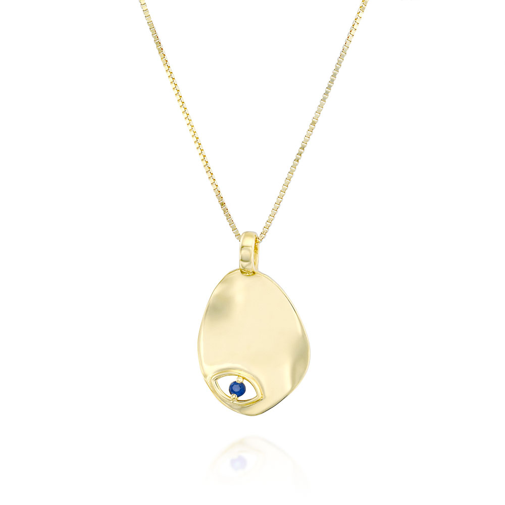 Gold necklace with an amorphous pendant with a sapphire inlaid eye decoration