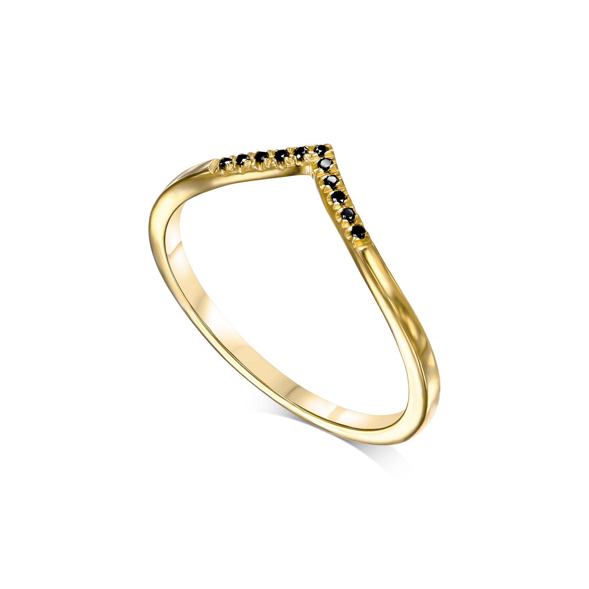 A delicate V gold ring set with black diamonds in a gorgeous design