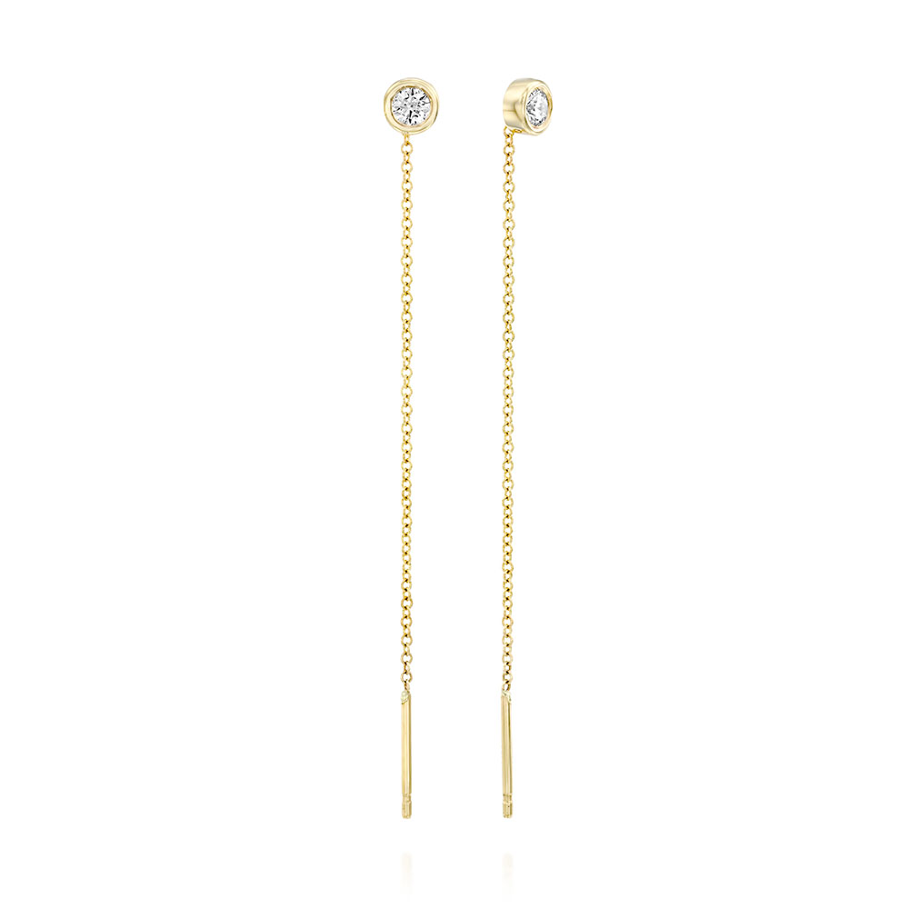 Gold chain earrings inlaid with 0.20 ct diamonds in cup setting, gold frame frame