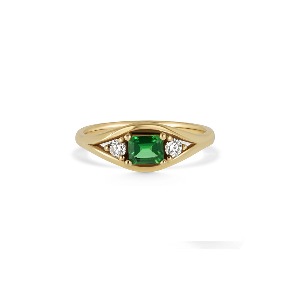 A special gold ring set with rectangular green tourmaline and white diamonds
