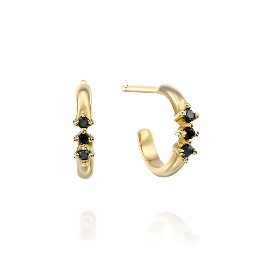 Small hoop earrings with a special setting of 3 black diamonds in each earring