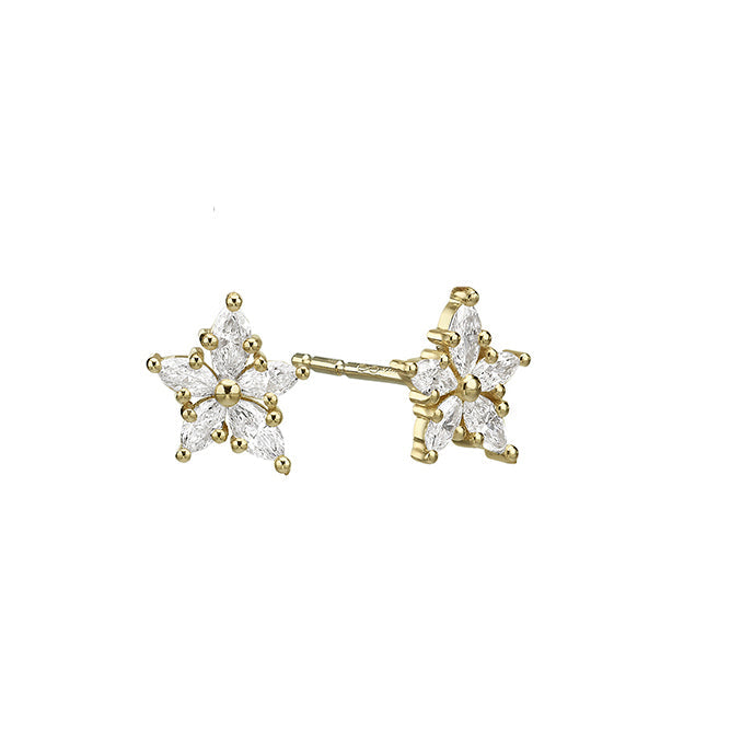 Gold earrings in the shape of a flower with marquise-cut diamonds