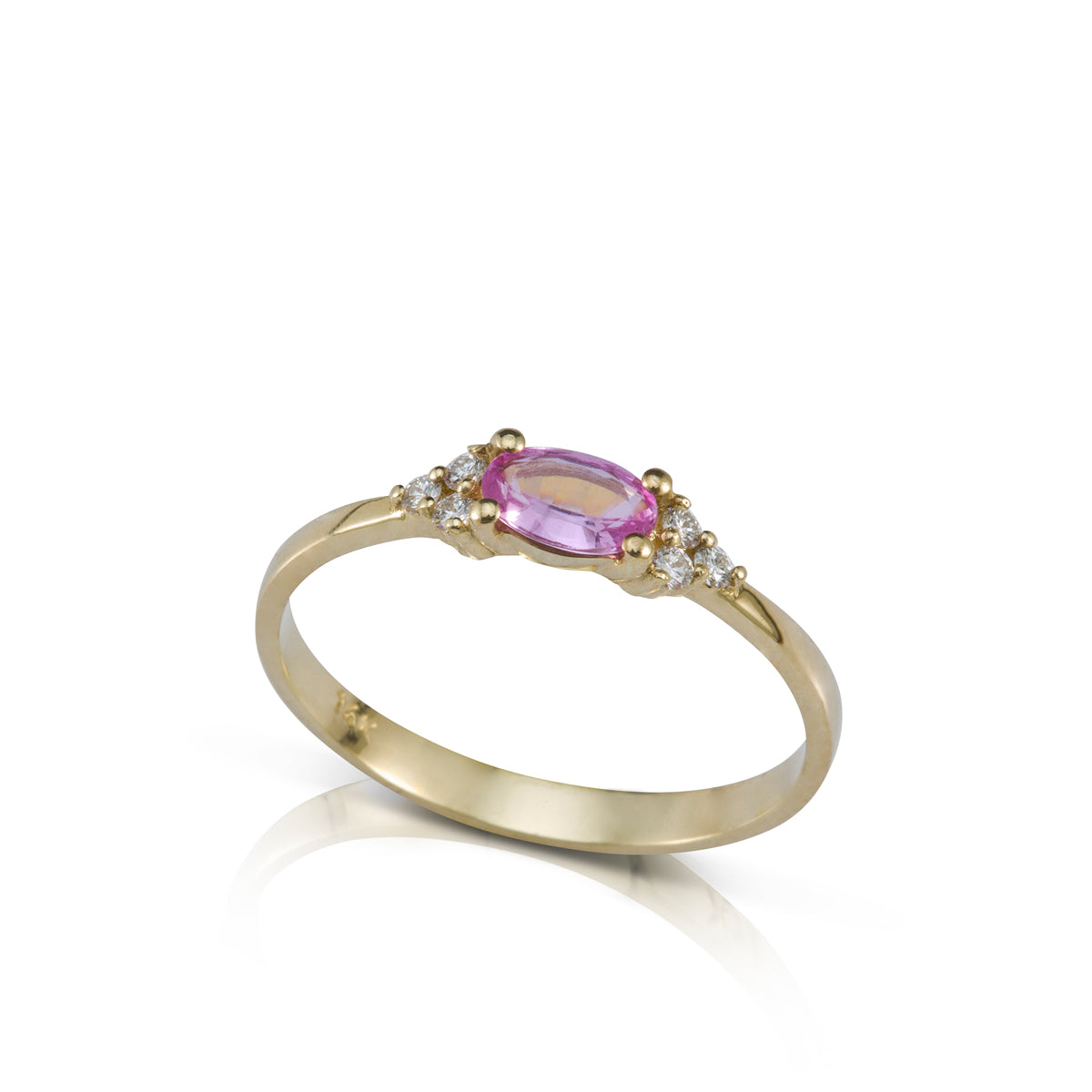 An engagement ring set with a pink sapphire in an oval shape and 6 sided diamonds