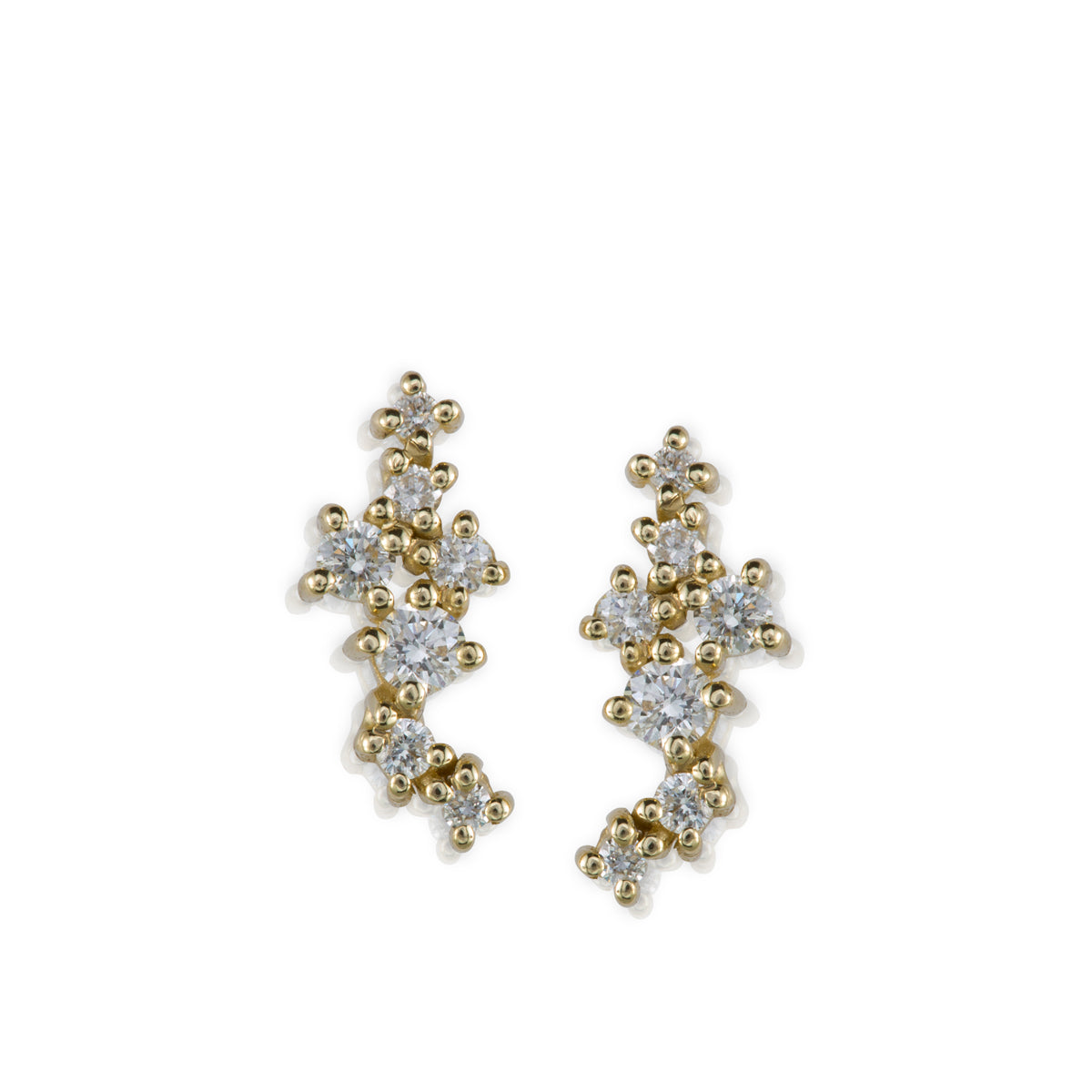 Tight gold earrings studded with diamonds of varying sizes