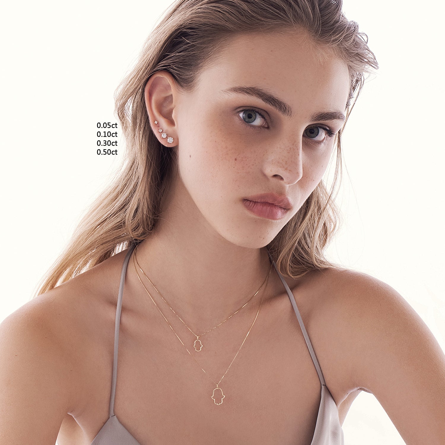 Solitaire earrings, classic tight diamond earrings studded with laboratory diamonds, total weight 1.40 carats