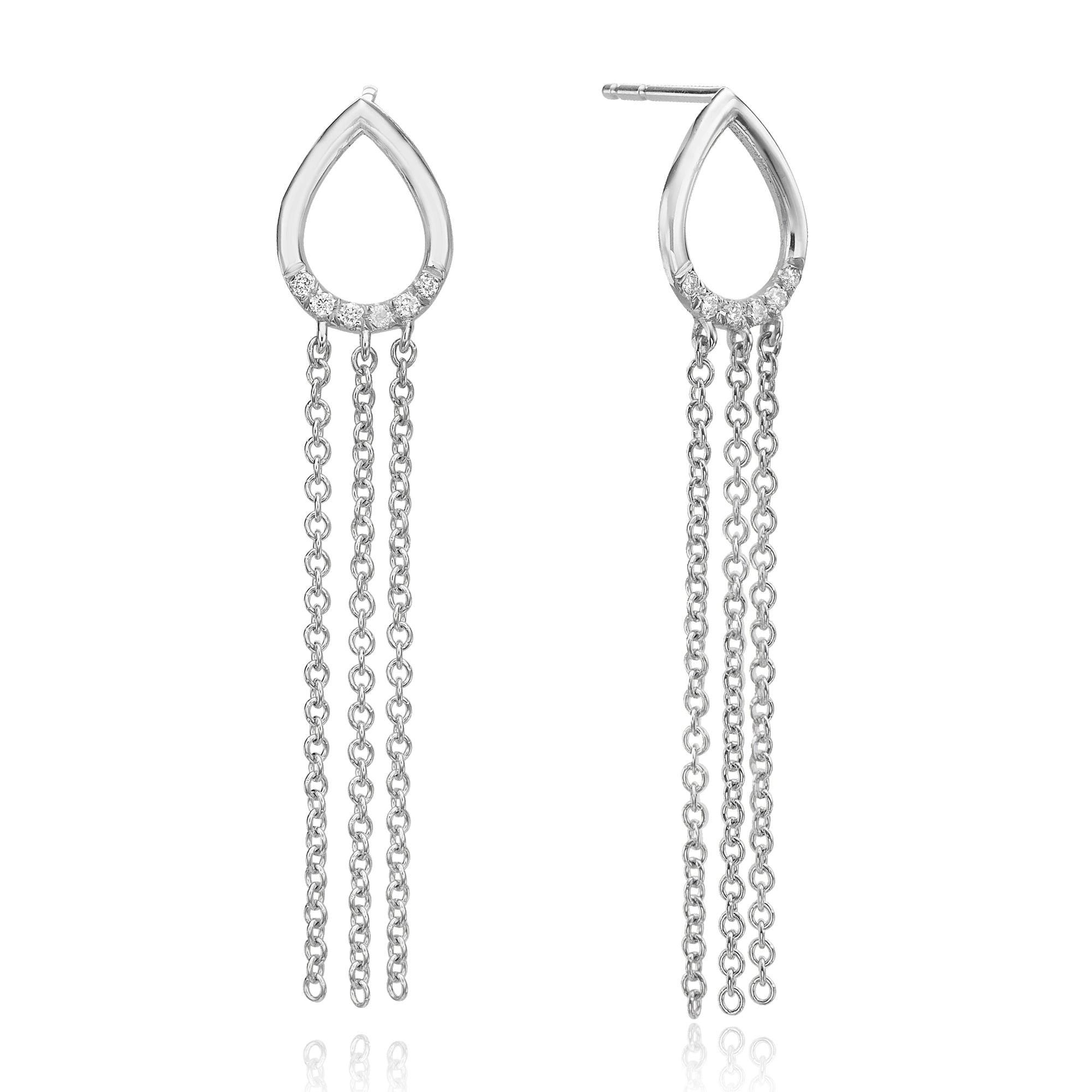 Drop-shaped gold earrings with hanging chains studded with diamonds