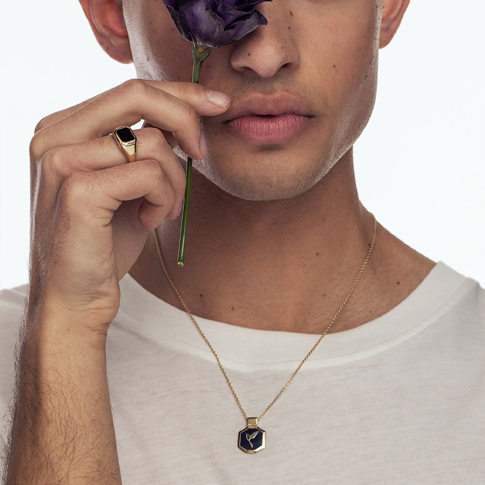 A special gold necklace for men with a bird and enamel combination