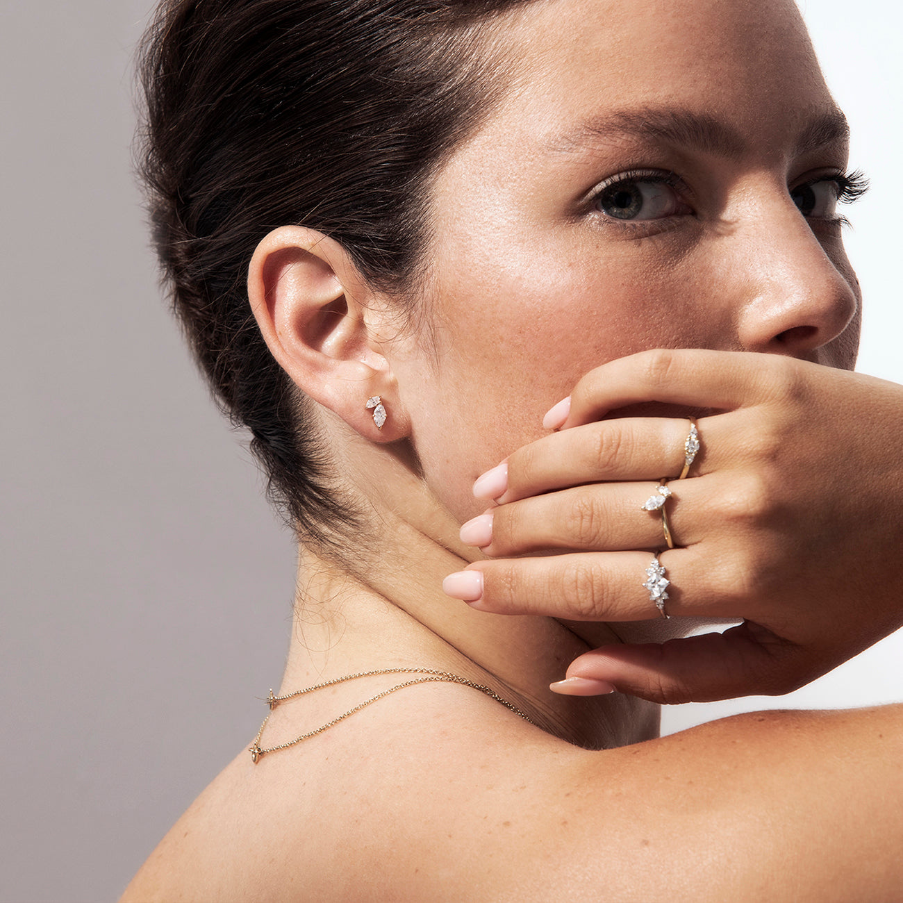 Round diamond engagement ring and two drops