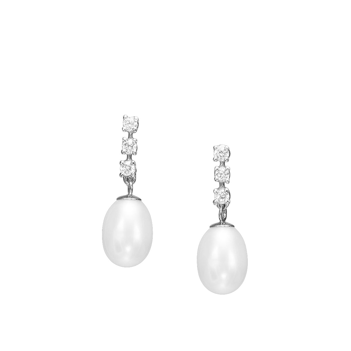 Diamond and pearl earrings hanging from gold