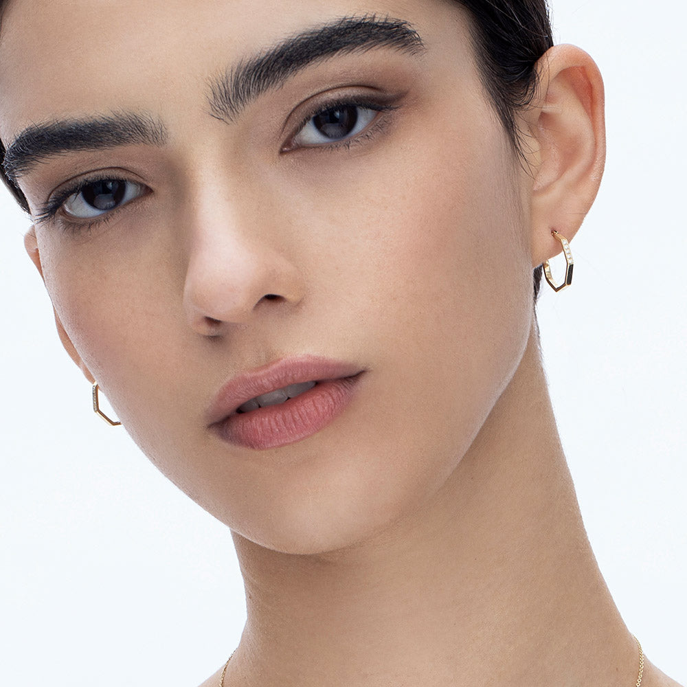 Hexagon geometric hoop earrings studded with diamonds