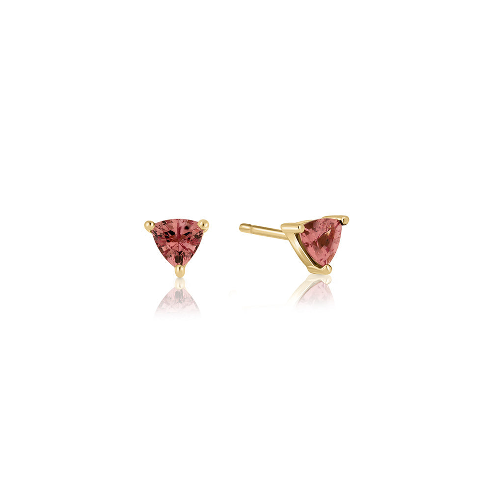 Gold studded gold earrings set with trillion-cut champagne garnet