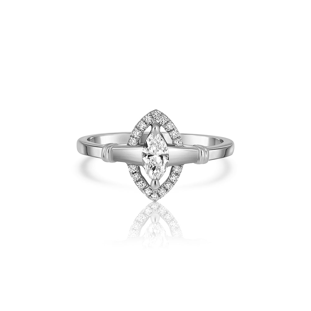 An impressive and rich gold ring set with a central marquise-cut lab diamond and diamond halo