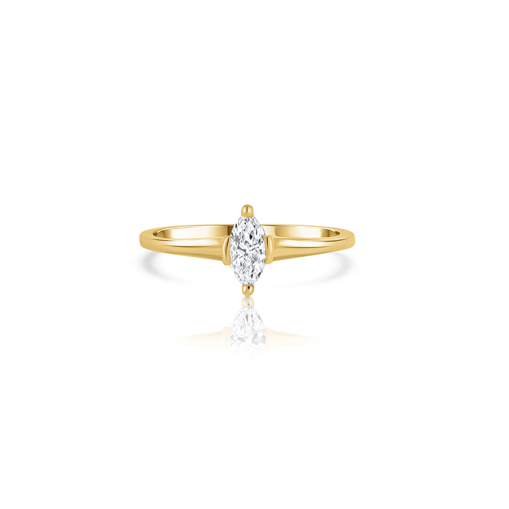 A special engagement ring set with a laboratory diamond in a vertical marquise cut