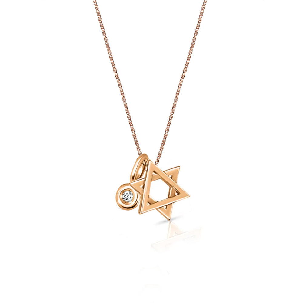 A small gold Star of David pendant threaded onto a gold chain combined with a diamond pendant
