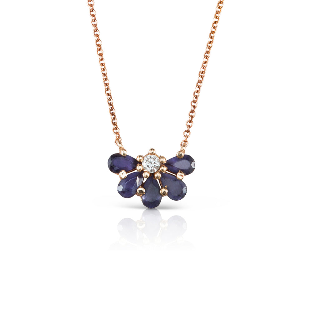 Gold chain set with 5 iolite stones and a diamond