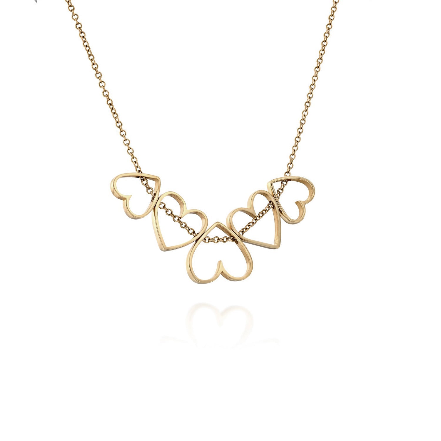 A chain of gold hearts in varying sizes that move