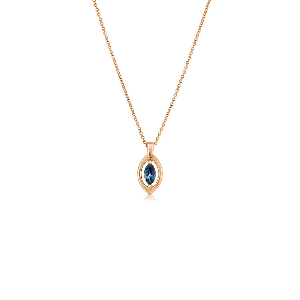 A gold chain with a modern evil eye pendant for men, inlaid with a marquise-cut sapphire