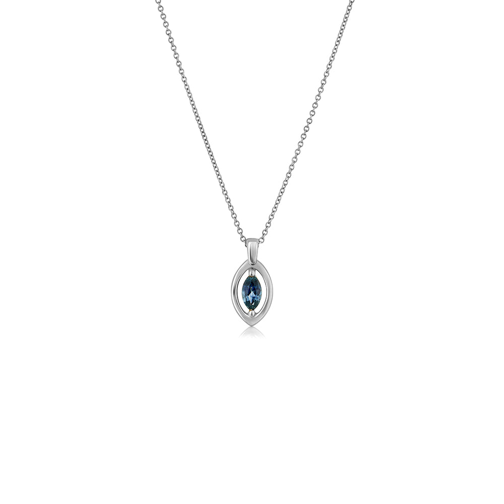 A gold chain with a modern evil eye pendant for men, inlaid with a marquise-cut sapphire