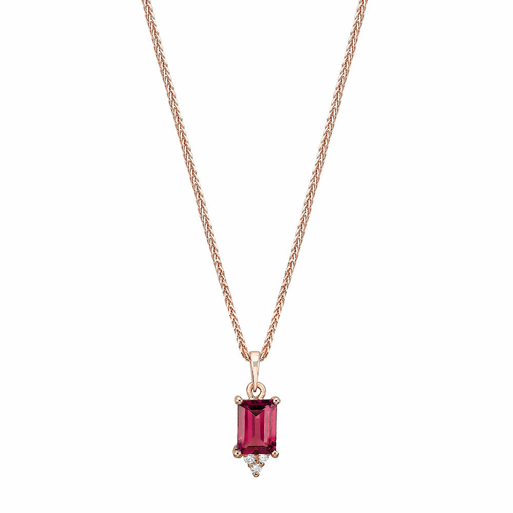 Gold necklace with rhodolite inlaid pendant with emerald cut and diamonds