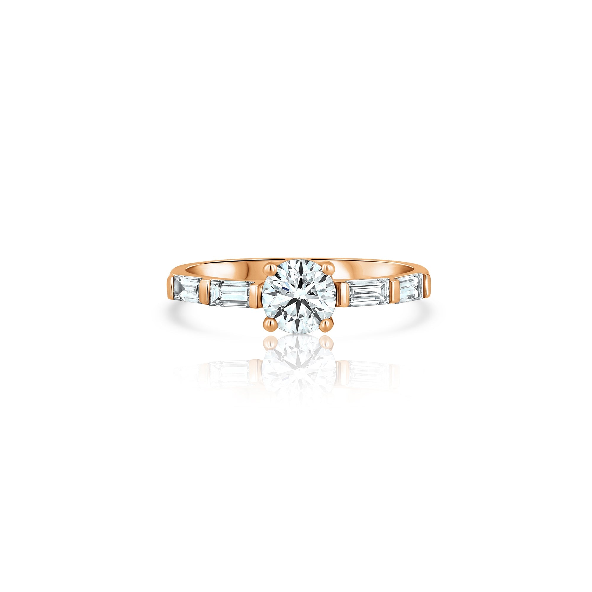 A beautiful engagement ring set with a 70-point lab diamond and baguette-cut diamonds