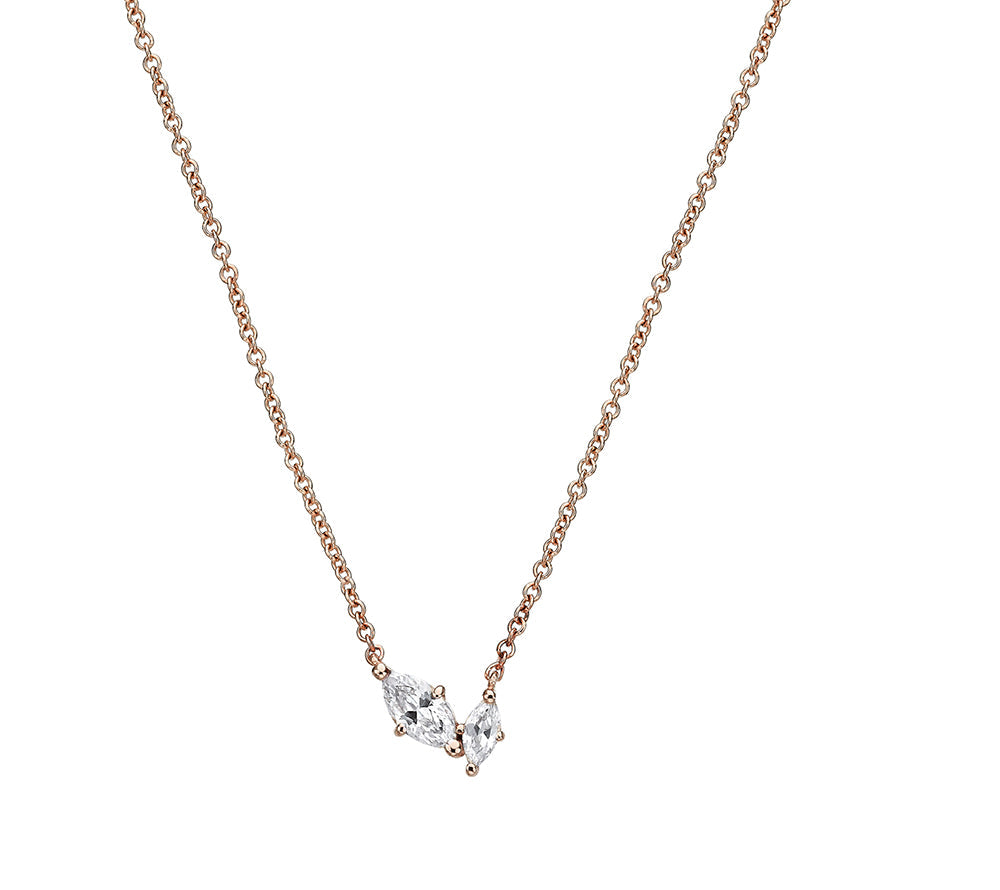 A delicate gold chain inlaid with two marquise-cut diamonds of different sizes