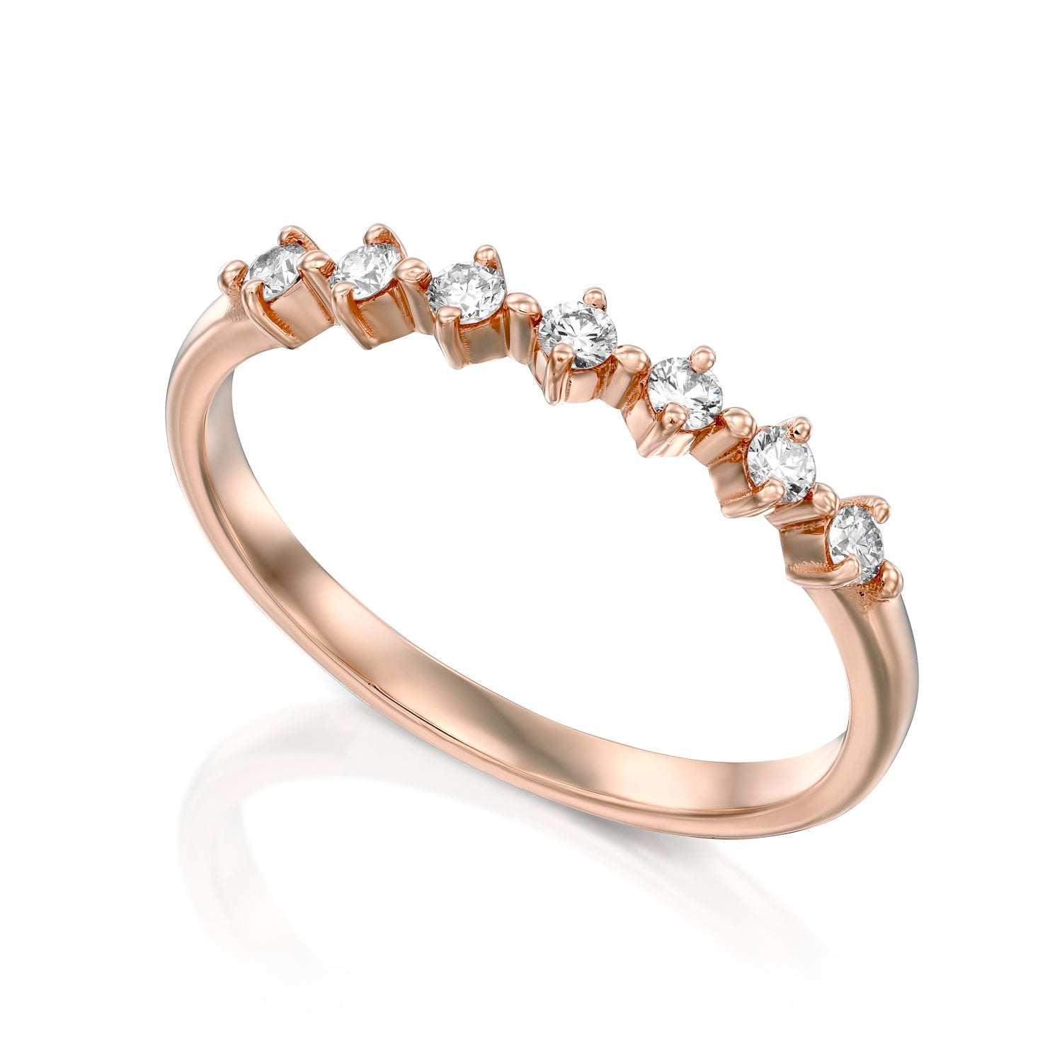 A delicate diamond ring set with 7 diamonds in a special setting