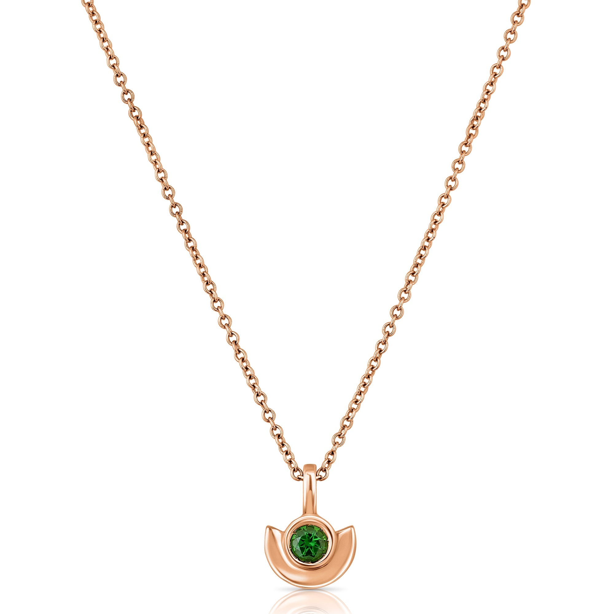 Gold necklace with a special pendant, semi-circular, inlaid with green tourmaline