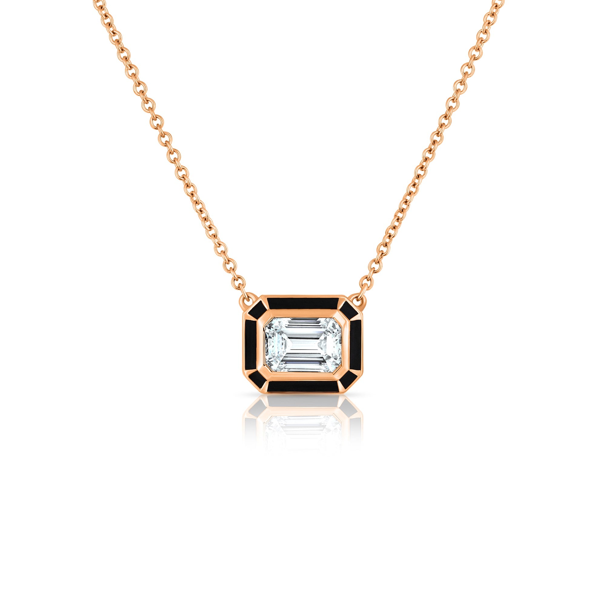 A special classic gold necklace with a 1 carat emerald cut laboratory diamond in a special enamel frame