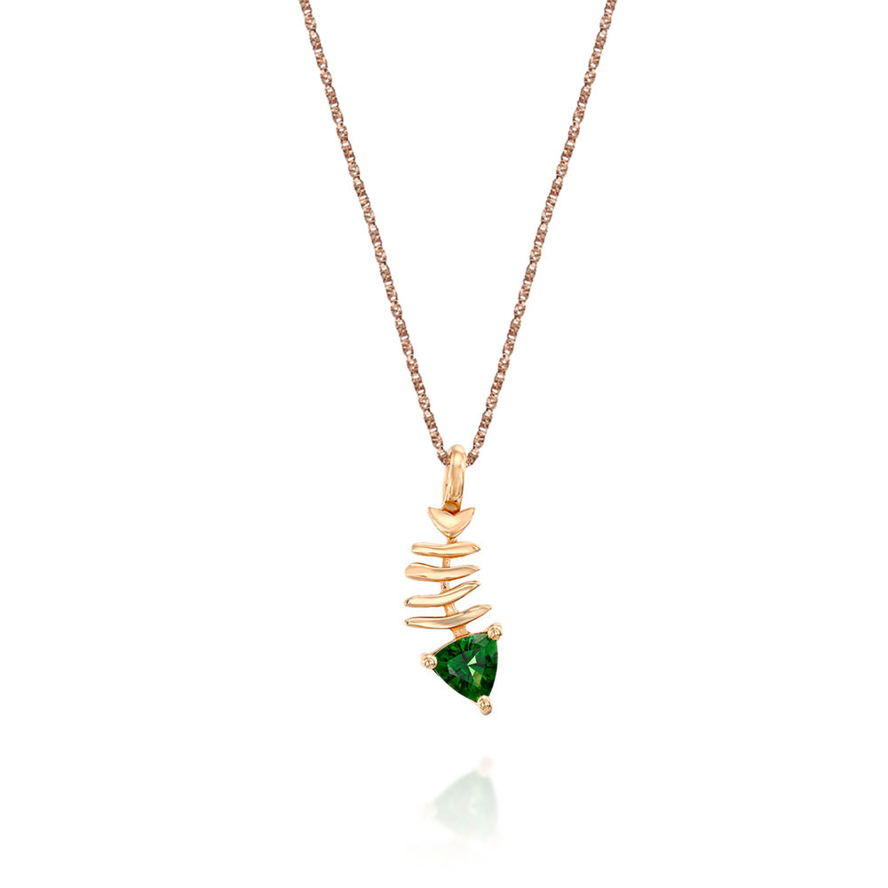 Gold necklace with fish pendant inlaid with tourmaline