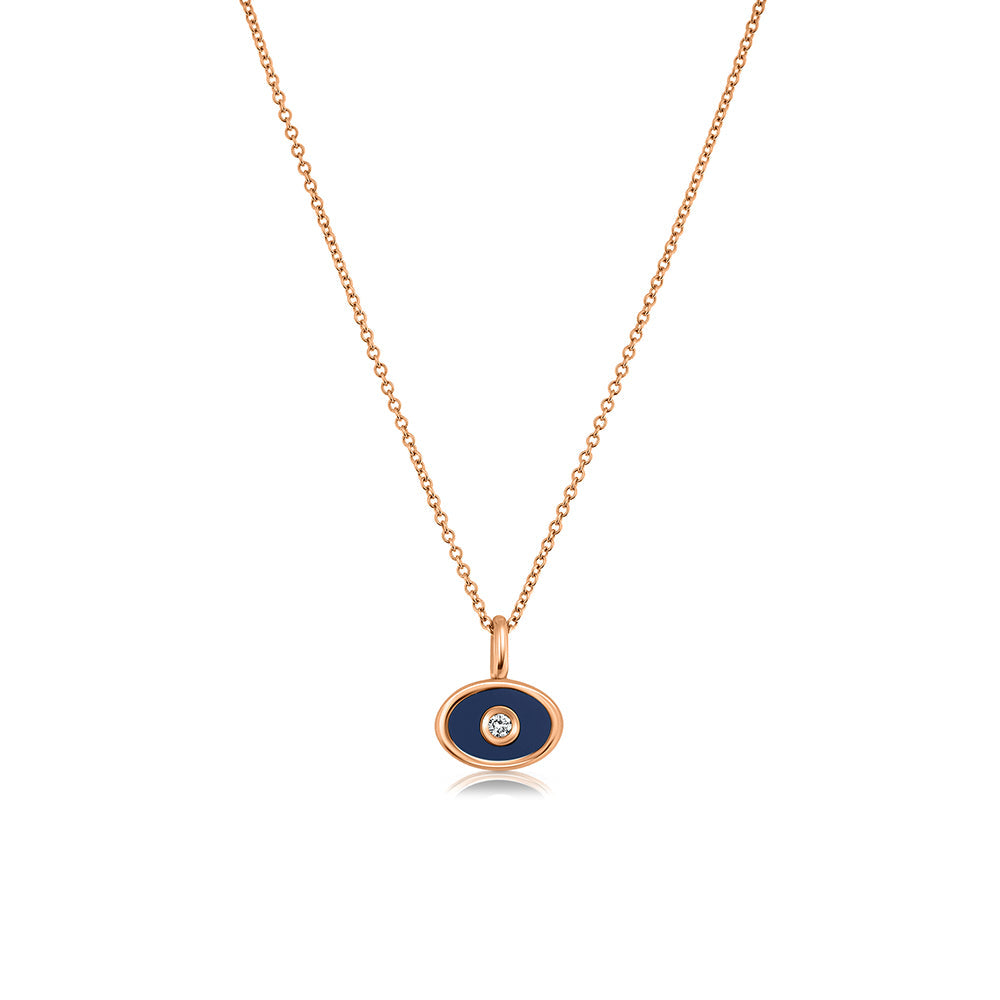 A gold chain in the style of the evil eye. Combined enamel and laboratory diamond in the center. Evil eye necklace for men and women
