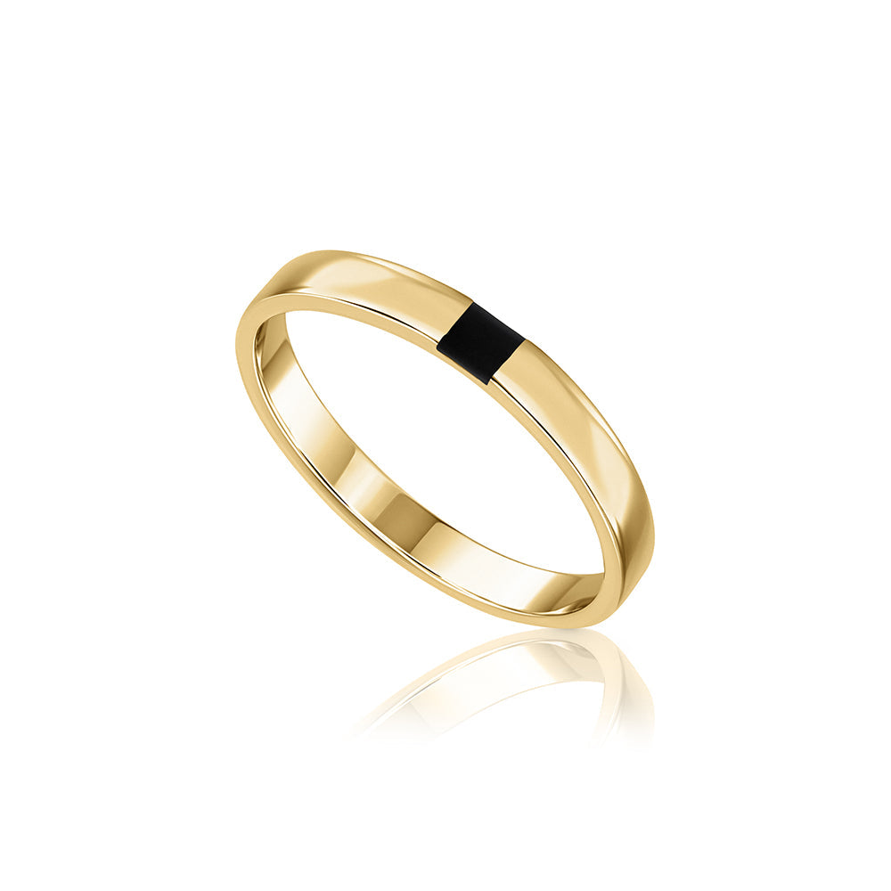 Flat gold ring for men, width 3 mm combined with black enamel