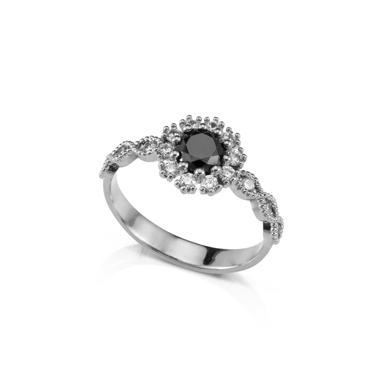 Central black diamond ring and white diamonds