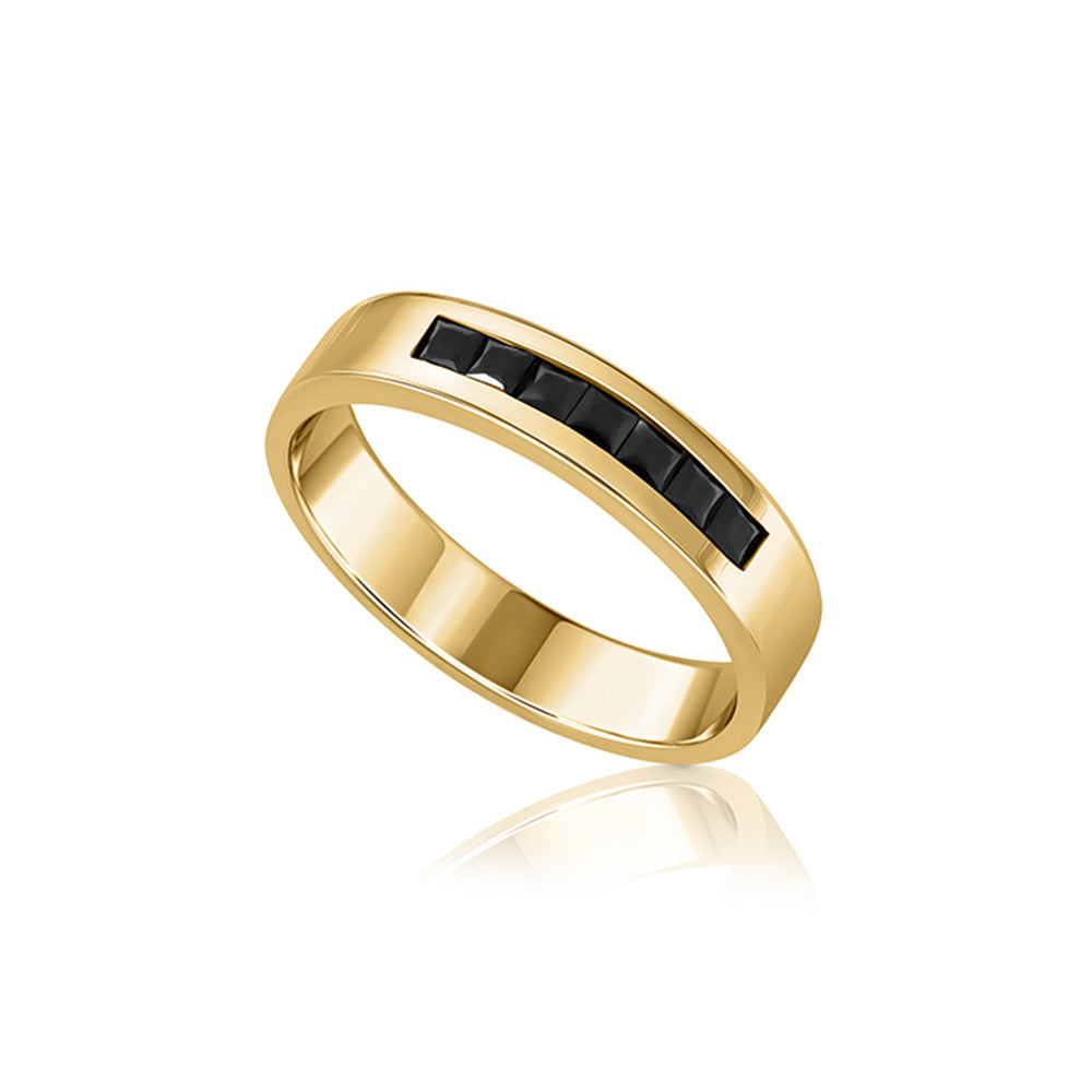 A wide gold ring for men inlaid with onyx in a line princess cut