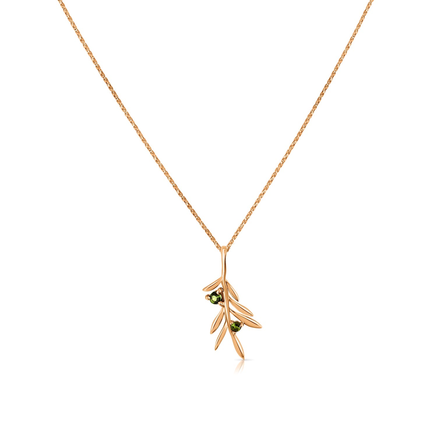 Gold necklace with an olive leaf pendant studded with tourmalines