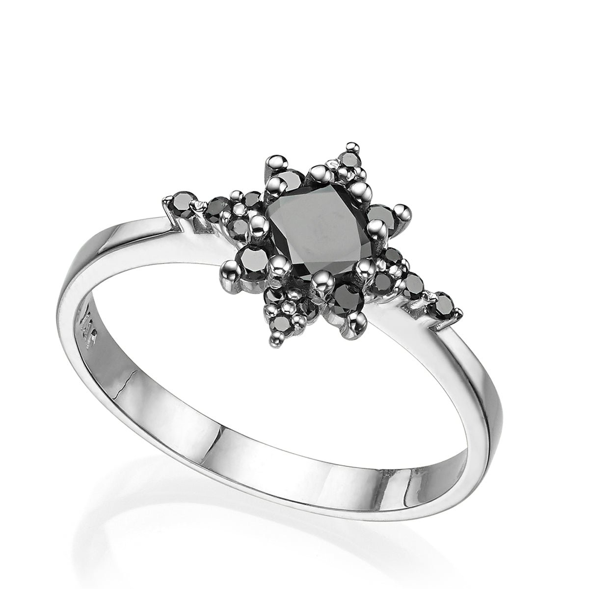 A black diamond star ring, with a central brilliant cut diamond