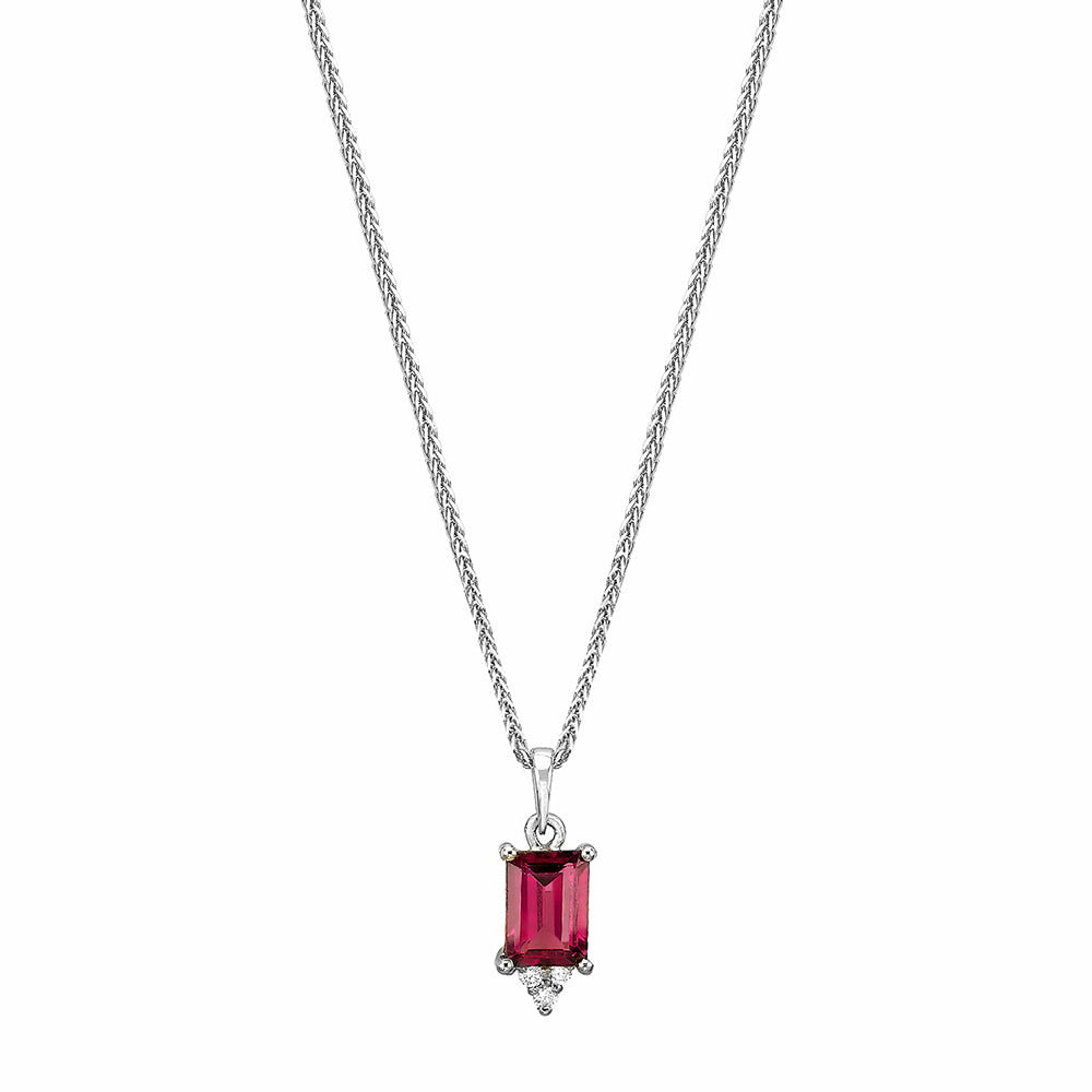 Gold necklace with rhodolite inlaid pendant with emerald cut and diamonds