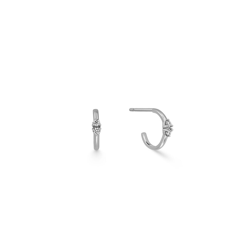 Small gold hoop earrings set with 2 diamonds