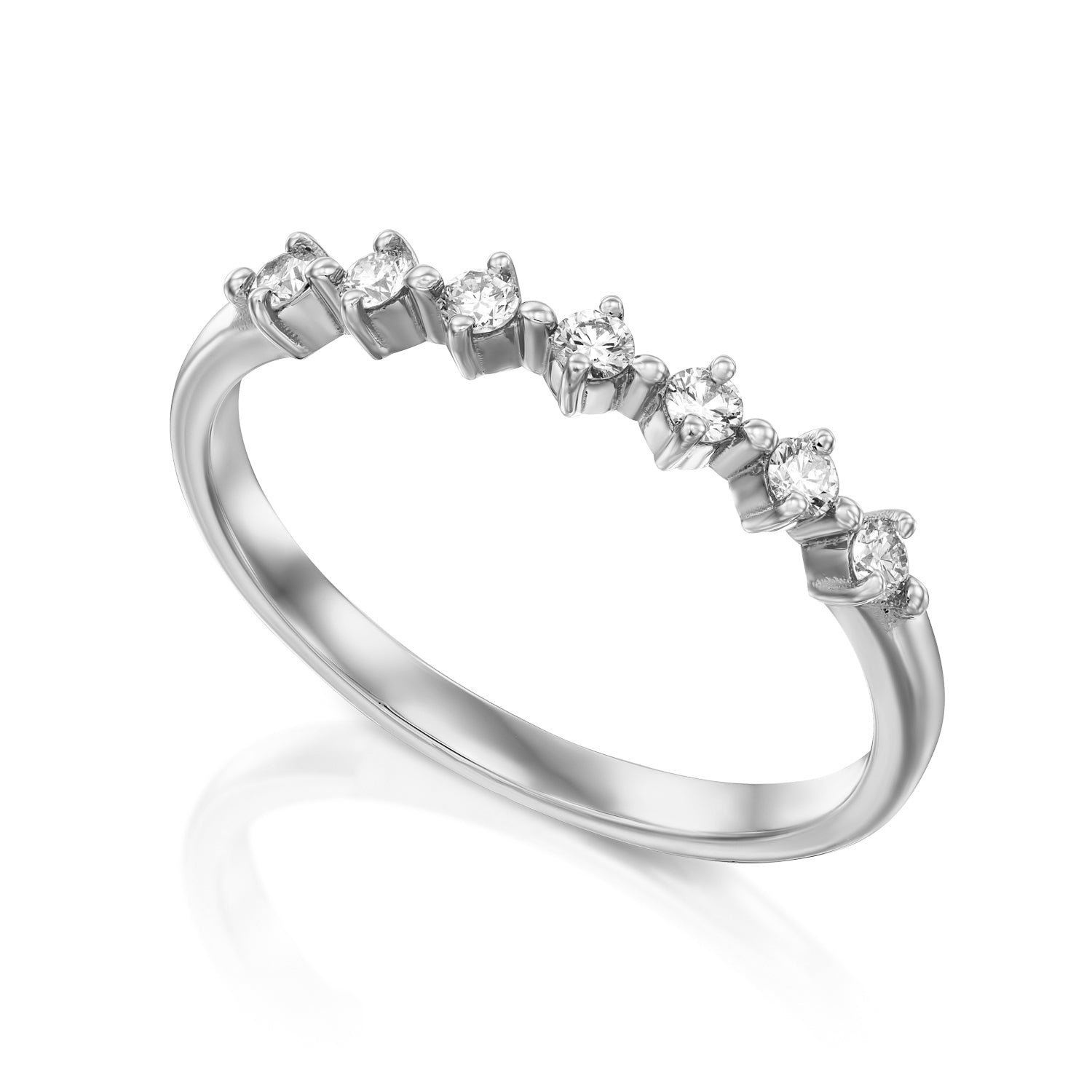 A delicate diamond ring set with 7 diamonds in a special setting