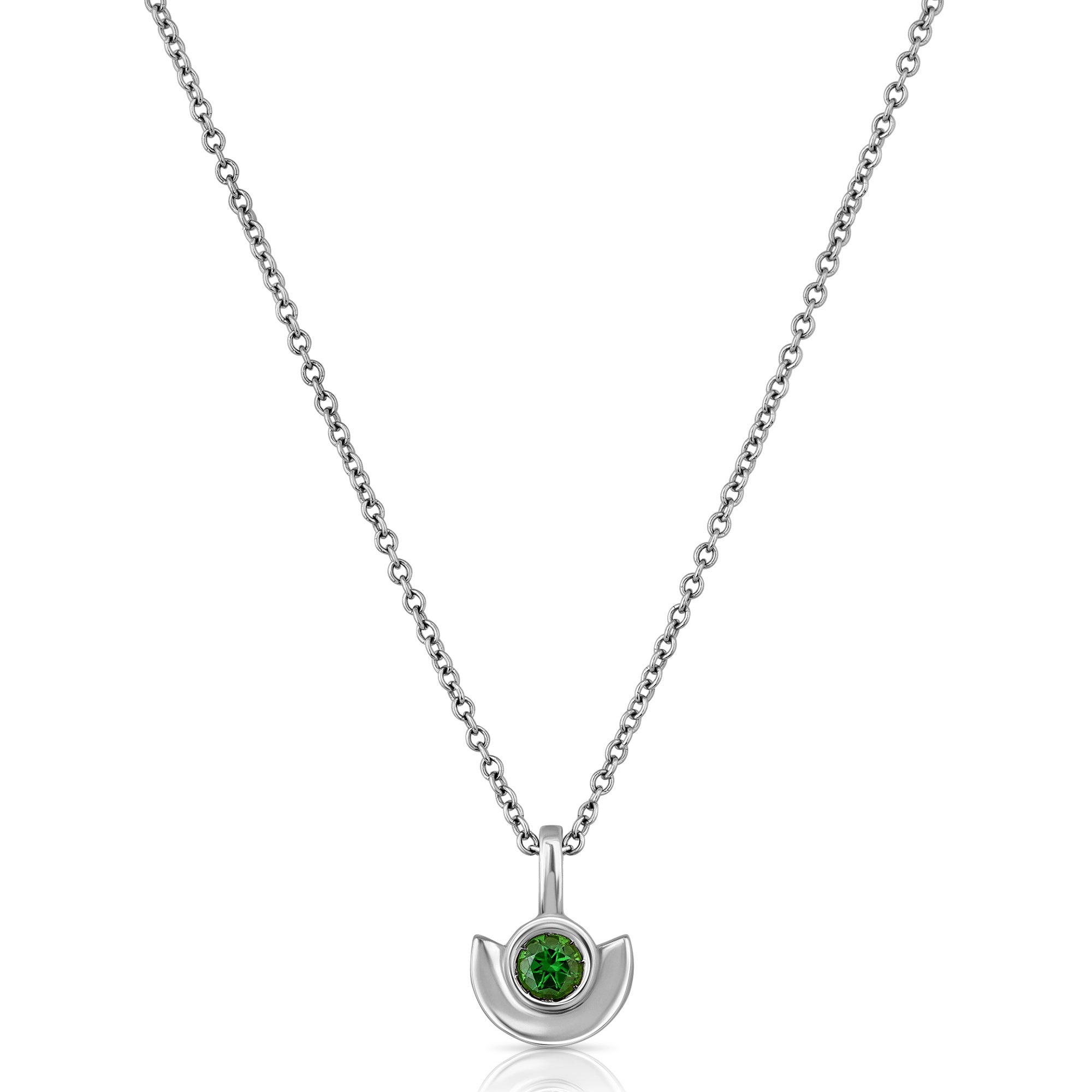 Gold necklace with a special pendant, semi-circular, inlaid with green tourmaline
